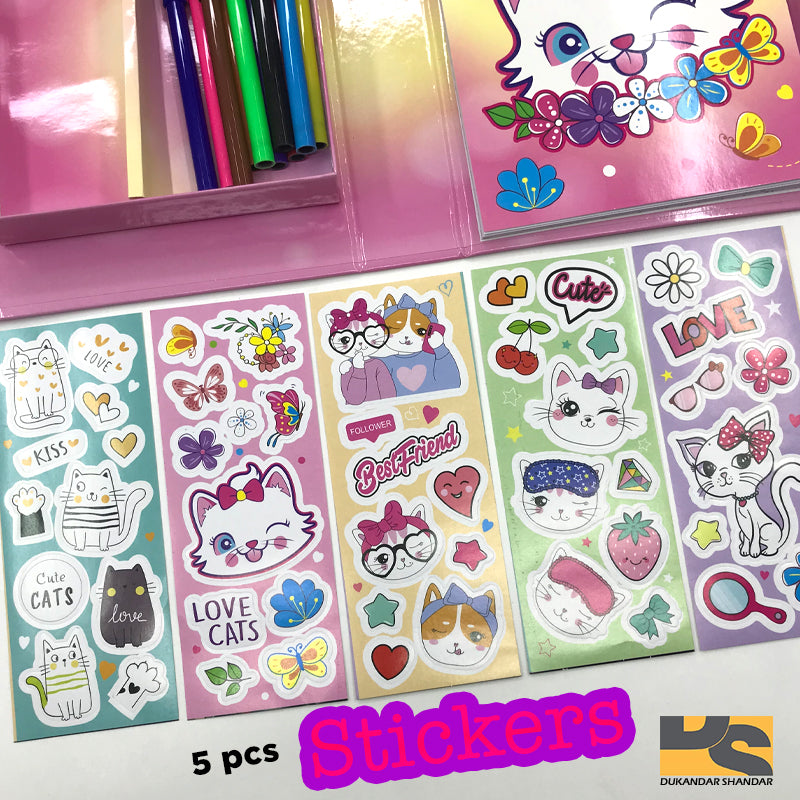 Cute Colouring book kitty with 10 water color pens and 5 pcs cat stickers 35 sheet for coloring