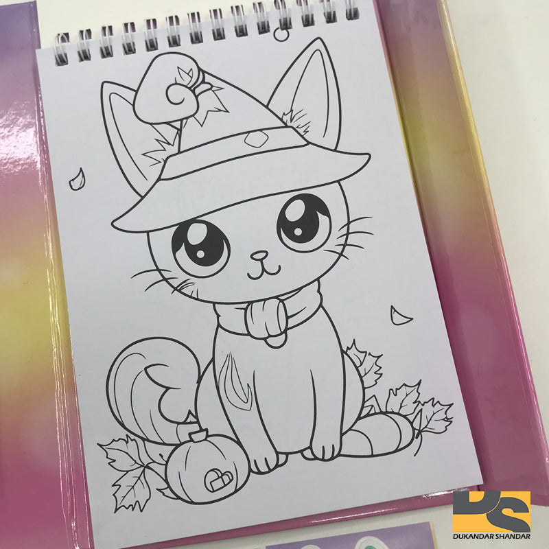 Cute Colouring book kitty with 10 water color pens and 5 pcs cat stickers 35 sheet for coloring