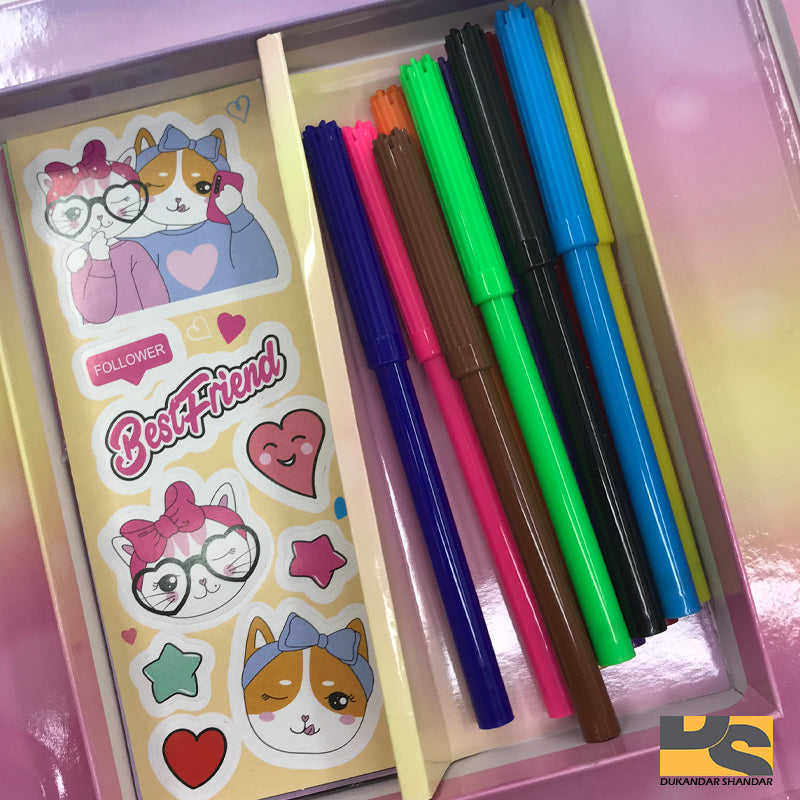 Cute Colouring book kitty with 10 water color pens and 5 pcs cat stickers 35 sheet for coloring